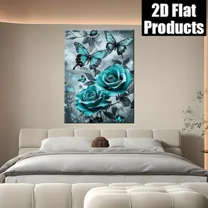 2D Flat Framed Art Pieces with a Simple Wooden Finish for Contemporary Walls Teal Roses with Black And Gray Butterflies in The Style of Digit Perfect for Enhancing Living Rooms, Bedrooms, And Hallways	