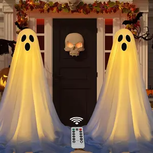 2Packs Halloween Decorations Outdoor, Spooky Halloween Ghost Decor with Remote String Lights Battery Operated, Easy to Assemble Ghost Decorations for Front Porch Yard