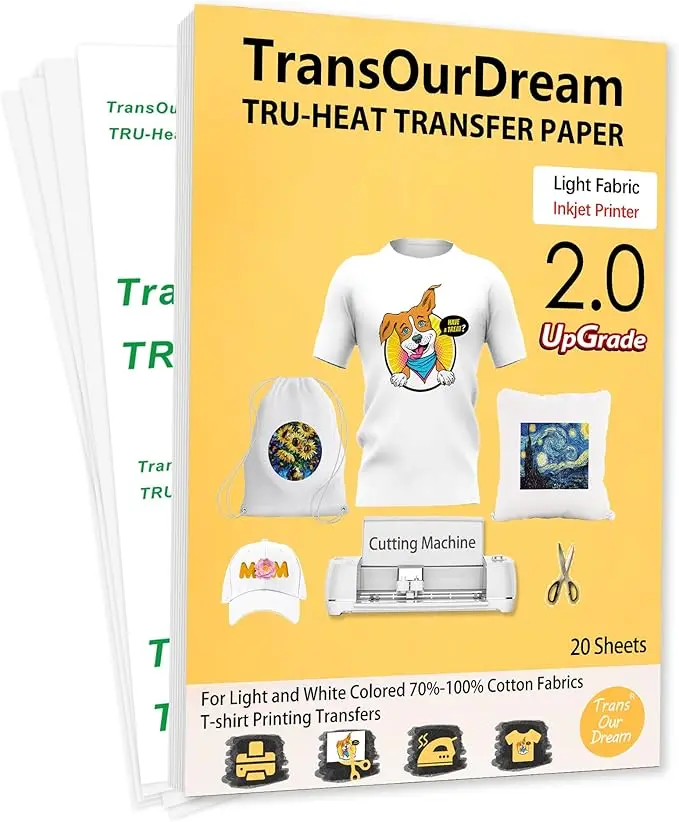 TransOurDream Upgraded Iron on Heat Transfer Paper for T Shirts (20 Sheets, 8.5x11) Iron on Transfers for Light Fabric Printable Heat Transfer Vinyl for Inkjet Printer