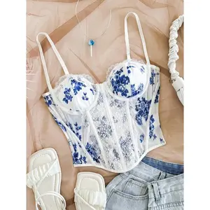 Women's Holiday Blue & White Print Lace Trim Bustier Top, Boned Shaping Cami, Suitable For Party, Valentine's Day, Date, Afternoon Tea, Beach, Cruise, Carnival, Spring & Summer