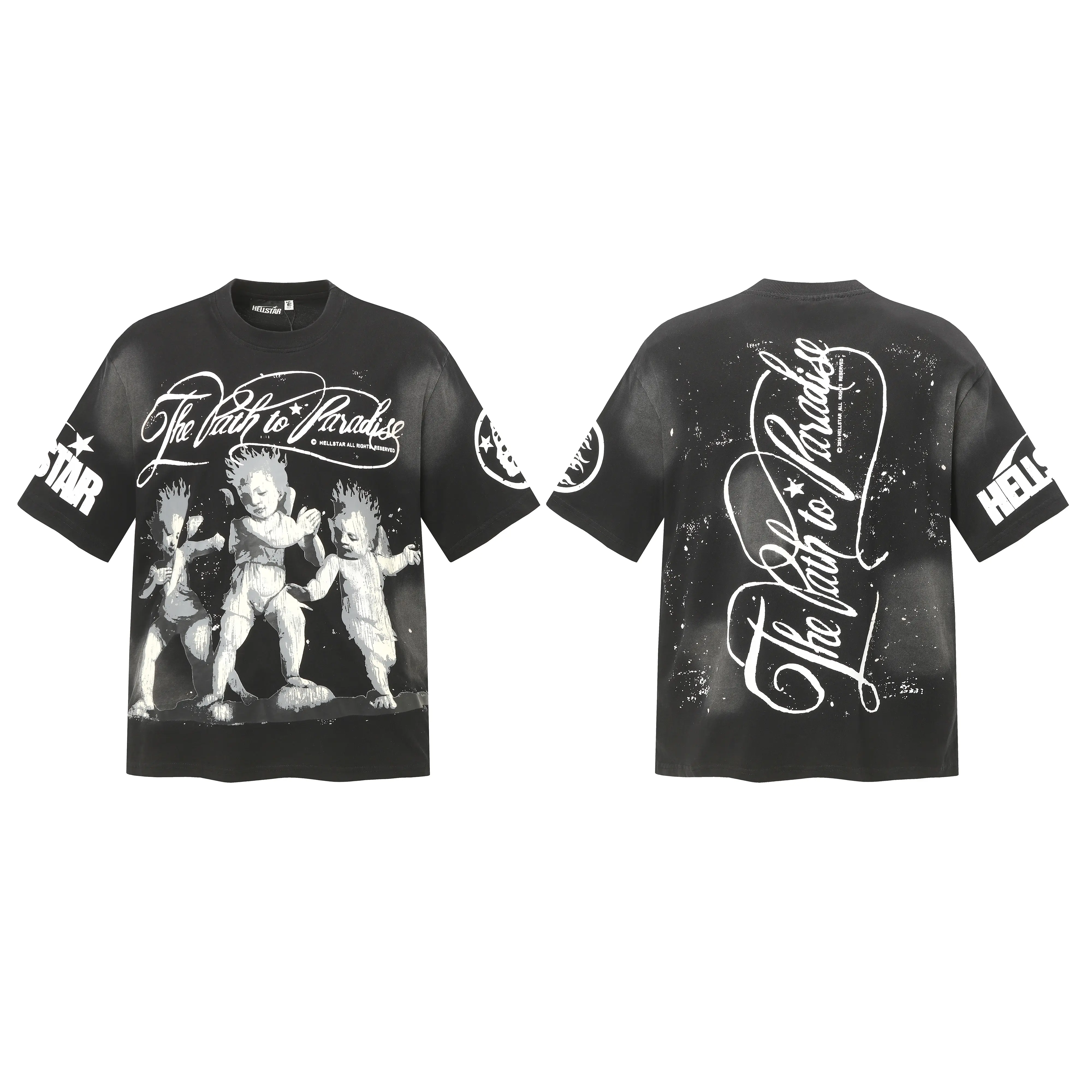 2026 HELLSTAR 100% Cotton Certified Three Cherubs Graphic Tee The Path To Paradise Washed Black Standard Fit T-Shirt