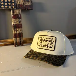 Howdy Darlin White Top Leopard Print Brim Trucker Style SnapBack Hat for Men