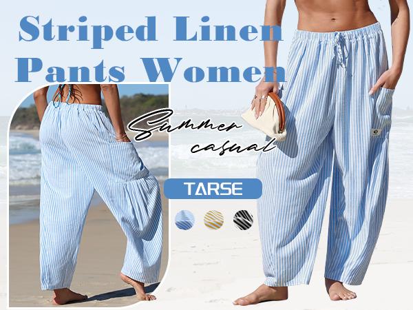 【SS26 Collection】TARSE Womens Wide Leg Gingham Striped Plaid Pants Casual Barrel Loose Drawstring Low Waist Palazzo Harem Pants with Pockets