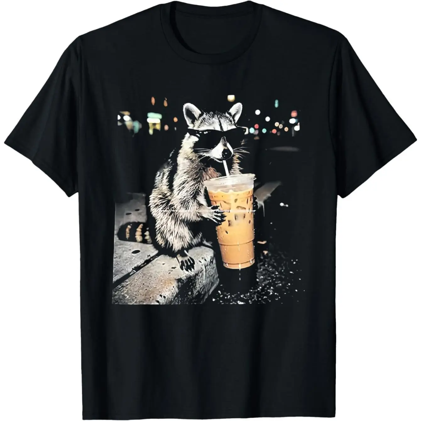 Women's funny raccoon drinking iced coffee Graphic T-Shirt - Short Sleeve Crew Neck Regular Fit Casual Wear |   Soft & Breathable Fabric, Durable Print, Everyday Comfort, Machine Washable