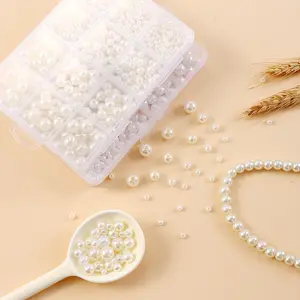 Faux Pearl Beads Set 4 6 8 10 12mm 5 Sizes in One Box Flatback Imitation Pearl for DIY Bracelet Necklace Earring Jewelry Making Supplies with Case