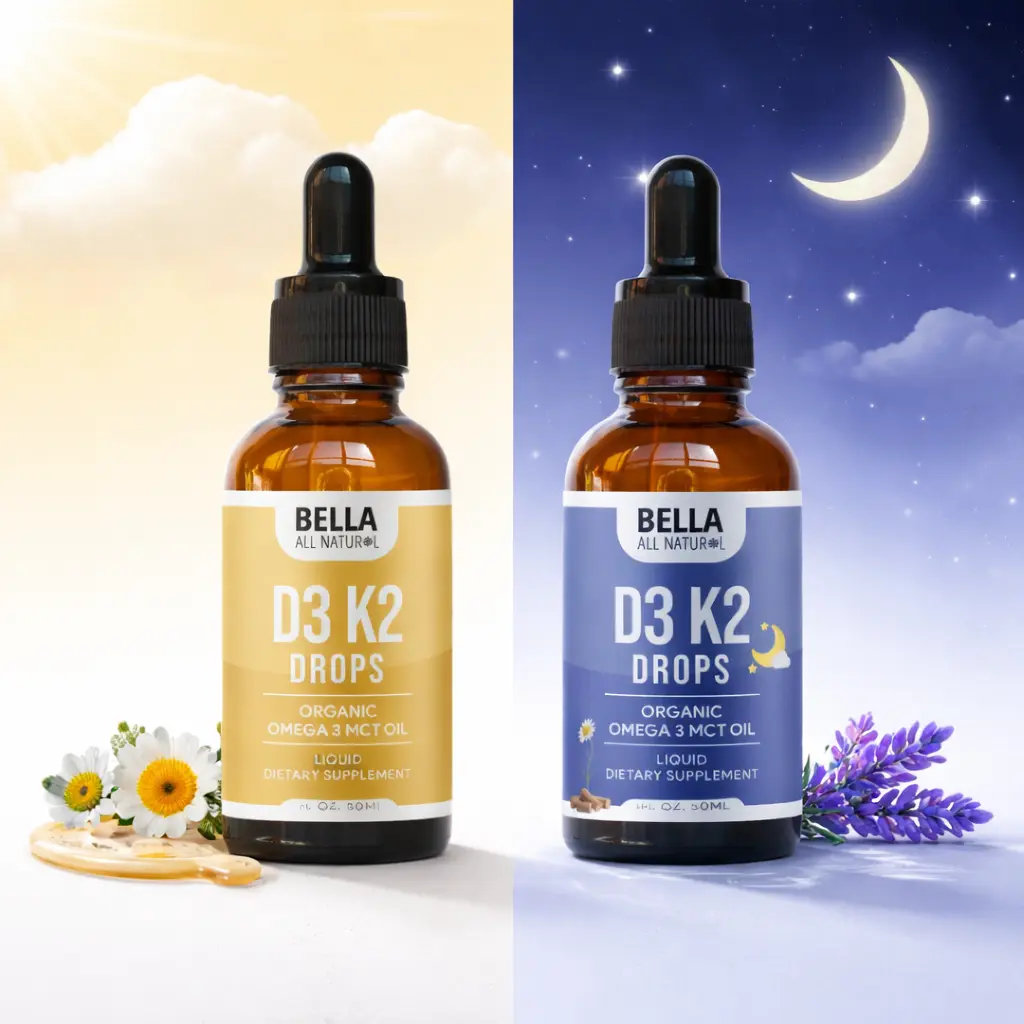 Bella All Natural D3 K2 Drops Day & Night Bundle (50 mL Each) – Organic Omega 3 MCT Oil