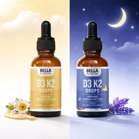 Bella All Natural D3 K2 Drops Day & Night Bundle (50 mL Each) – Organic Omega 3 MCT Oil