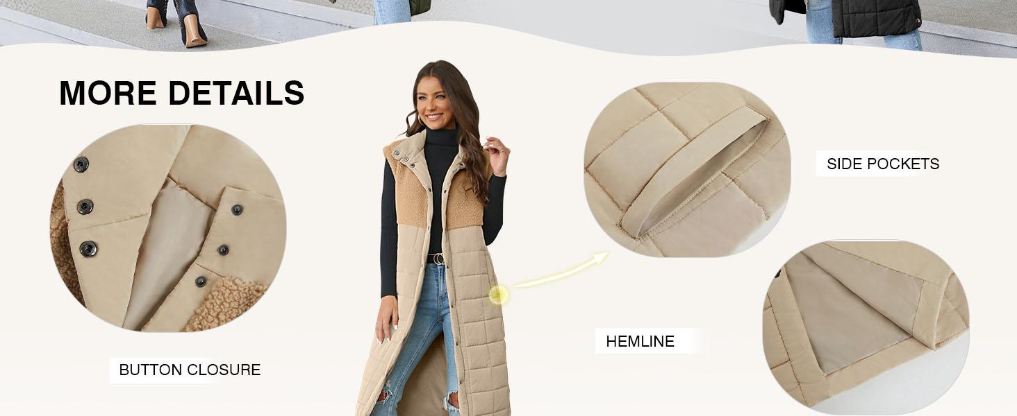 TANKANEO Women's Long Puffer Vest Fleece Jacket Winter Button Down Sleeveless Coats
