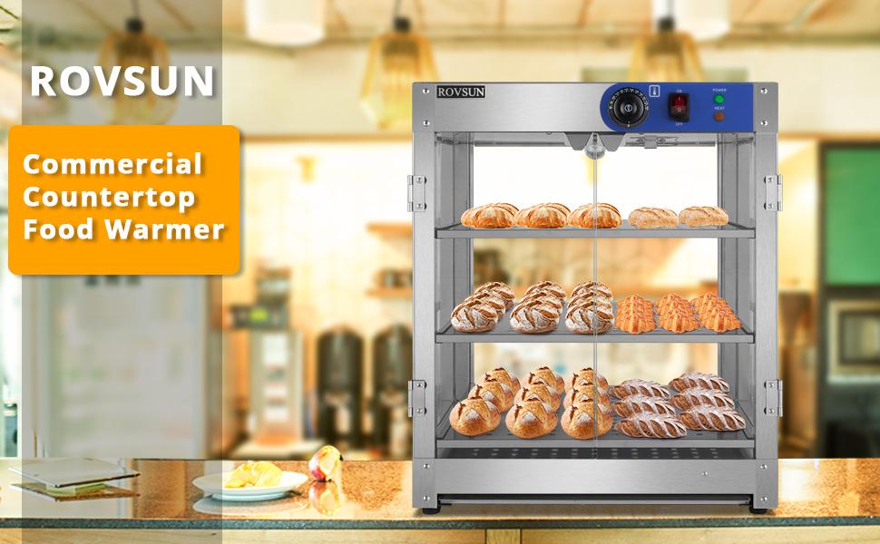 ROVSUN 2/3-Tier Food Warmer, 800W Commercial Food Warmer Display Electric Countertop Food Pizza Warmer with LED Lighting Removable Shelves Glass Door, Pastry Display Case for Buffet Restaurant 110V