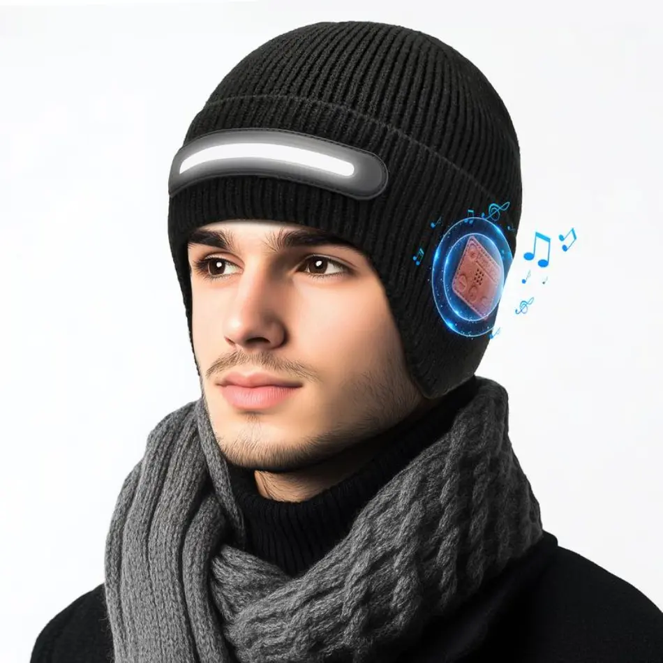 Unisex Light-Up Bluetooth Beanie Hat - 3-Mode 3-Segment LED Light, Adjustable Knit Cotton Cap, USB Rechargeable, All Seasons Sports Outdoor Cap for Running, Skiing