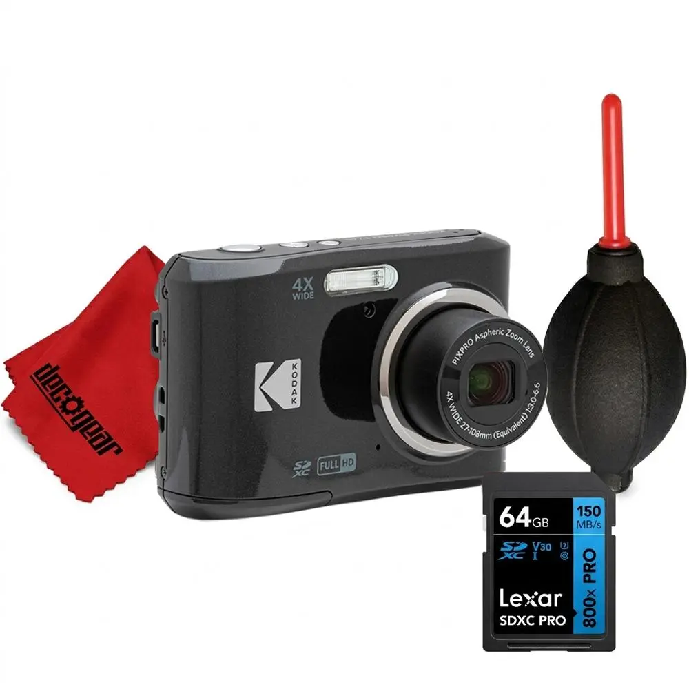 Kodak PIXPRO FZ45 16MP Digital Camera, Black, Beginner Bundle with Lexar 64GB Memory Card