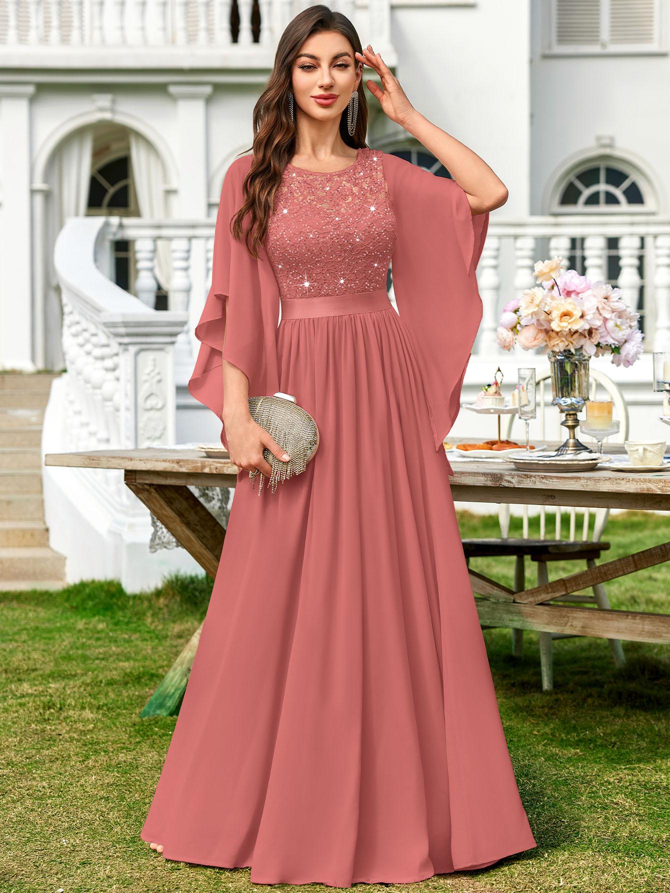 Miusol P83099 Plus Size Women's Sequin Floral Lace Chiffon Flare Sleeve Formal Dress Elegant Evening Gown All Seasons Party dress,Evening dress Normal Type  Womenswear Maxi Dress SpringStatements