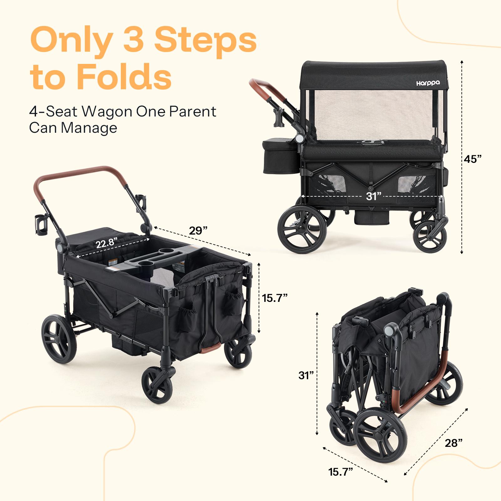 HARPPA Baby Stroller Wagon All-Terrain Wagon Stroller for 2 with Canopy, Strollers for Babies, Foldable 4-Seat, Wagon for Outdoor & Beach, Adjustable Push & Pull Handle, Footwell & Large Storage, Park & Camping Adventures, Travel System