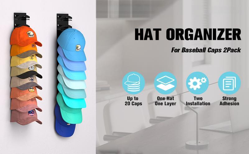 2-Pack Wall-Mounted Hat Organizer | Baseball Cap Rack (Black), Adhesive valentine's gift for bf，Mount, Stable Structure, Holds 20 Hats, Easy Access & Installation, Hanging Display for Closet, Door & Bedroom，