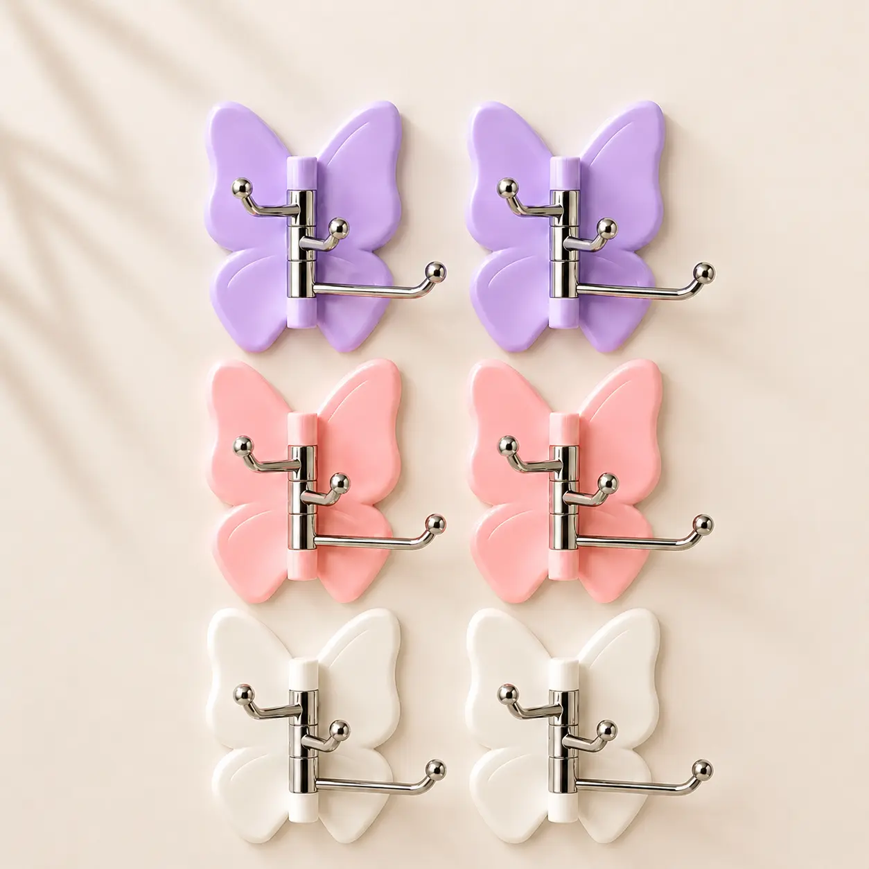 6-Pack Rotating Butterfly Hooks, Strong Adhesive Home Organizer Hooks - No Drilling Required, for Towels, Bags, Hats