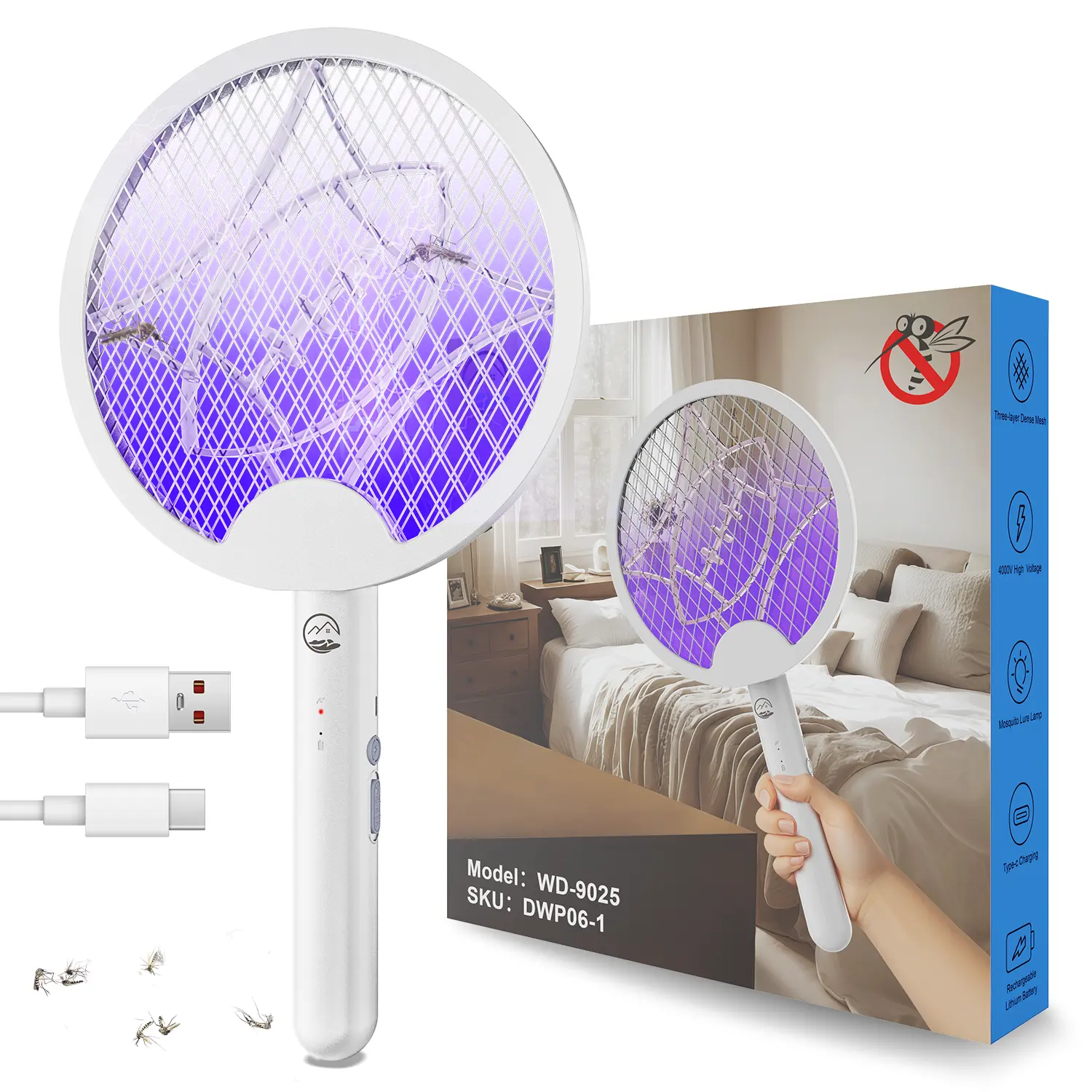 Electric Fly Swatter Racket, 2 in 1 Bug Zapper with Purple Trap Lamp, 4000V & 1500mAh Powerful Mosquito Trap Killer with Type-C Rechargeable for Indoor Home Office Patio Camp