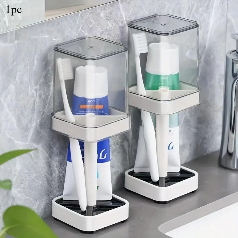 Dustproof Minimalist Toothbrush Holder with Cover and Cup, Bathroom Toothpaste Storage Rack Set, Wall-Mounted Bathroom Organizer, Toothbrush Holders Wall Mounted, Toothbrush Holders for Bathrooms, Covered Toothbrush Holder