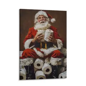 Funny Santa Christmas Bathroom Wall Art Poster Hanger Santa with Toilet Paper Christmas Canvas Pictures Prints Wall Decor for Bathroom Washroom Restroom