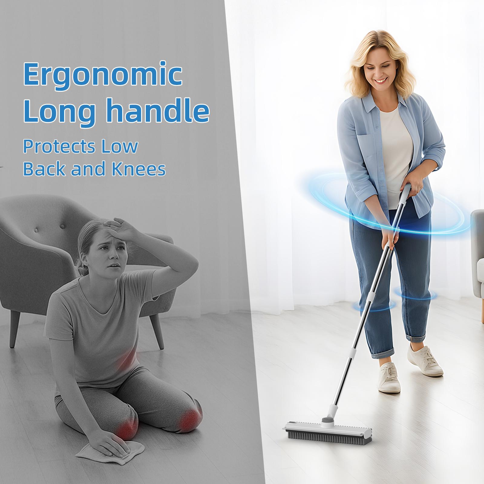 Glumzrk Scrub Brush with Long Handle, Floor Scrub Brush Squeegee Broom for Cleaning, 3 in 1 Shower Scrubber Floor Broom Squeegee for Concrete Tile Wall Deck Patio Grey White