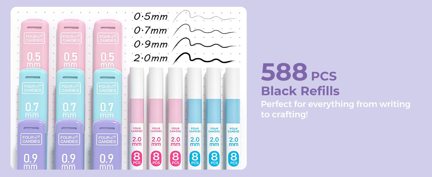 Four Candies 36PCS Visual Learning Tools,Aesthetic School Supplies Mechanical Pencils 0.5mm,0.7mm,0.9mm & 2.0mm with 624PCS Lead Refills for Writing,Drawing & Drafting, Back to School Supplies Haul,girly office supplies,Stationery Set Student Essentials