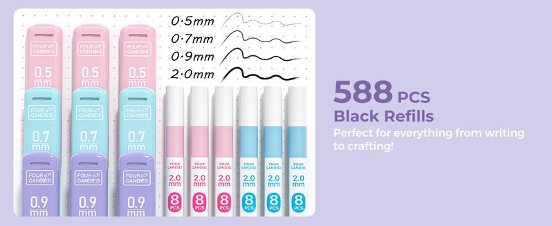 Four Candies 36PCS Aesthetic School Supplies, Mechanical Pencils 0.5mm, 0.7mm, 0.9mm & 2.0mm with 624PCS Lead Refills, Cute Mechanical Pencils for Writing, Drawing & Drafting,girly office supplies,cute school supplies, Stationery Set Student Essentials Four Candies 36PCS Aesthetic School Supplies, Mechanical Pencils 0.5mm, 0.7mm, 0.9mm & 2.0mm with 624PCS Lead Refills, Cute Mechanical Pencils for Writing, Drawing & Drafting,girly office supplies,cute school supplies, Stationery Set Student Essentials