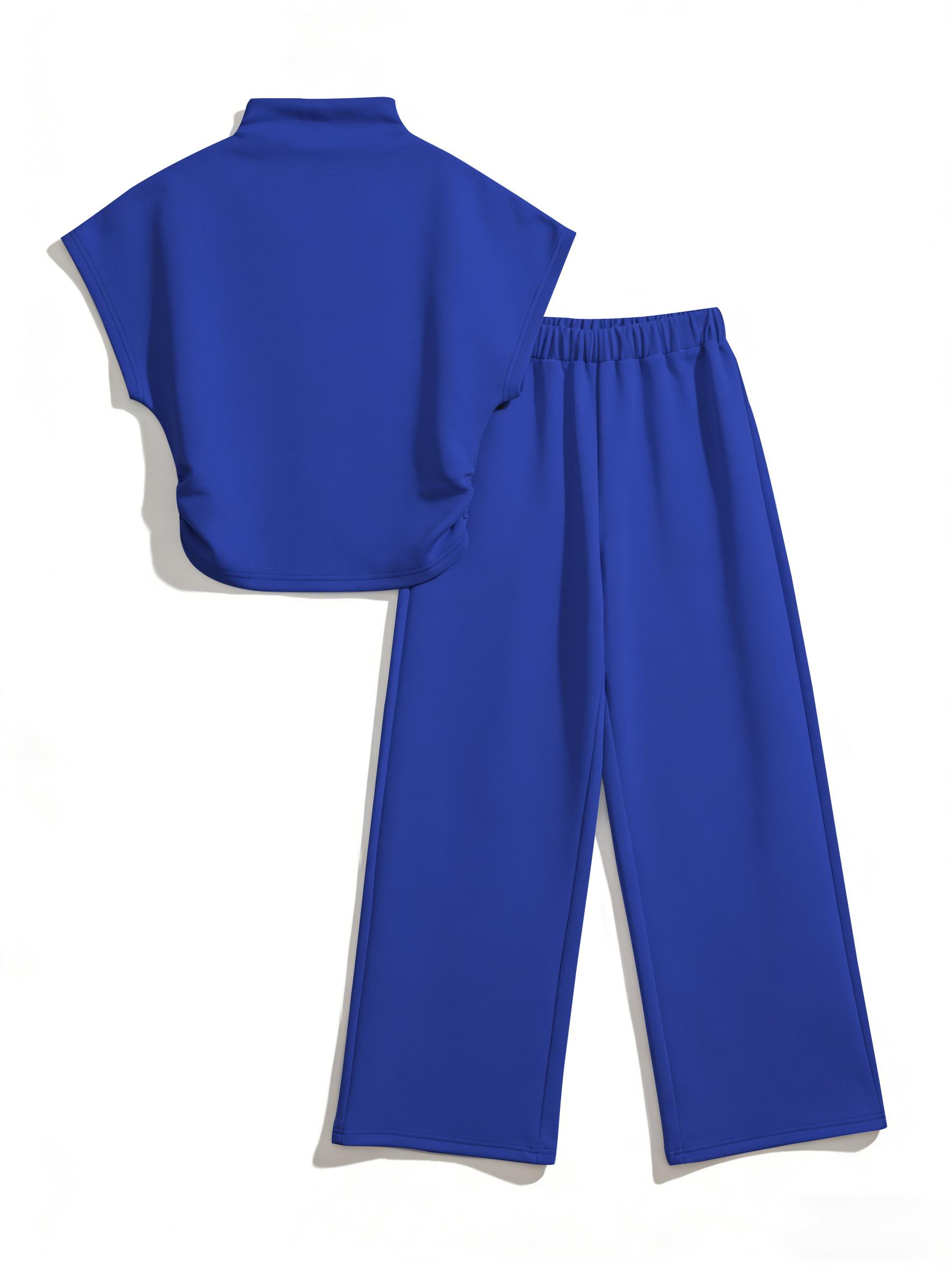 USBoutique Chic [Upgraded fabric] Women Summer Lightweight And Silky Soft Set Two Piece Casual Set Short Sleeved Semi High Neck Loose Top Wide Leg Pants Set