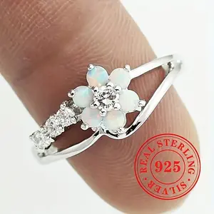925 Sterling Silver Opal Flower Engagement Ring Gifts For Women, Bohemian Vintage Style, Luxury Party & Anniversary Jewelry Gift
