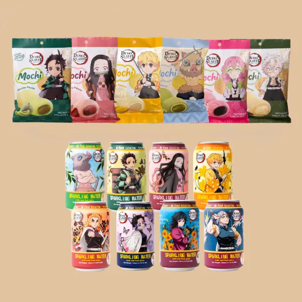 AnyYums Demon Slayer Snacks & Drinks Variety Pack - Sparkling Water & Mochi Characters from Vietnam
