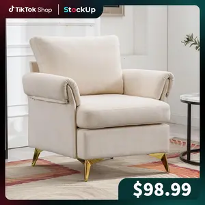 [Stock Up] EBELLO Modern Accent Chair with Armrests, Comfortable and Washable with Solid Metal Legs, Upholstered Single Sofa for Living Room, Bedroom, Office, Beige
