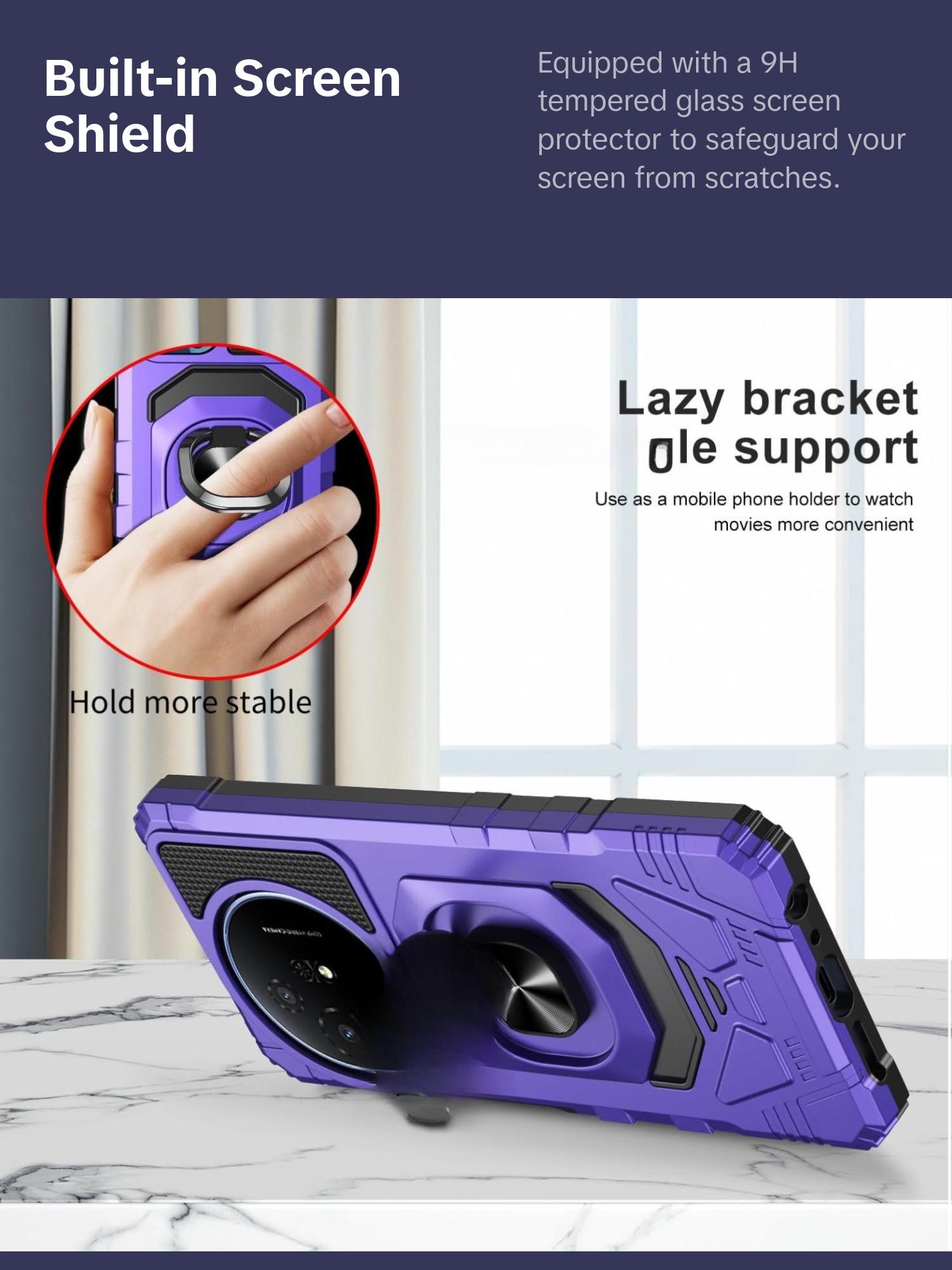 TCL 50 XL 5G Phone Case with Tempered Glass Screen Protector, Military Grade Heavy Duty Shockproof Protective Cover, Ring Kickstand for TCL 50 XL (Purple)