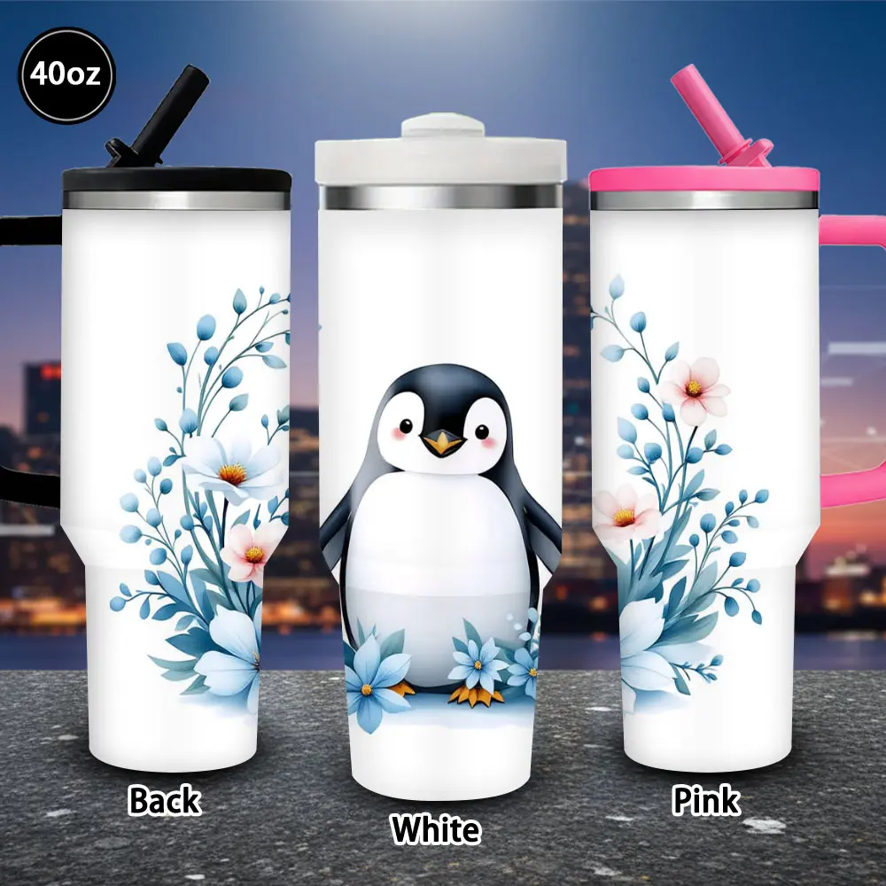 1 pc 40 oz cute penguin and floral tumbler with lid and straw, winter insulated travel mug, gift for women and men, ideal for Valentine’s Day, Easter, birthday gifts, iced/hot coffee cup
