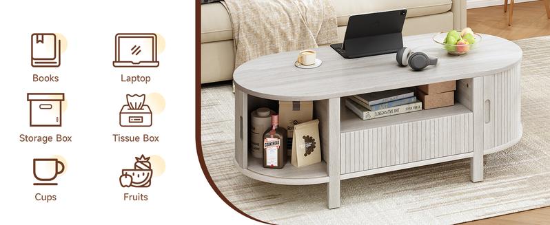 【Valentine's Day Gift】ONBRILL 47.2'' Oval Coffee Table With Storage, Fluted Accent Center Table With Draw And Sliding Tambour Doors