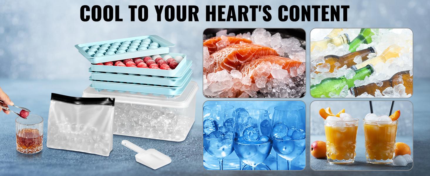 VEVOR Ice Cube Tray, Round Ice Ball Maker for Freezer, 2x33pcs & 1x104pcs Ice Balls, Sphere Ice Cube Making 170pcs Small Ice Chilling Cocktail Whiskey Tea Coffee, 3Pack Ice trays & Ice Bin & Scoop VEVOR Ice Cube Tray, Round Ice Ball Maker for Freezer, 2x33pcs & 1x104pcs Ice Balls, Sphere Ice Cube Making 170pcs Small Ice Chilling Cocktail Whiskey Tea Coffee, 3Pack Ice trays & Ice Bin & Scoop