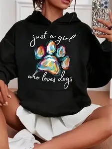 Women's Casual Hooded Sweatshirt with Colorful Paw Print & 'Only Love Dogs' Pattern Soft Cozy Blended Fabric Kangaroo Pocket Pullover Machine Washable All-Season Comfort Dog Lover Gift Trendy Pullover Sweater - Womenswear