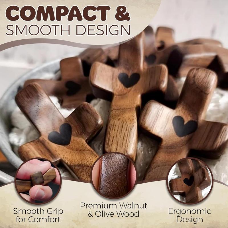 Handmade (3/6/10/20) Pcs Pocket Wooden Cross Fidget | Wooden Cross My Heart - Religious Ornaments Gift for Children and Adults, Rustic Style Decor Pocket Olive Wood Cross Set for Christian Faith, Baptism, Prayer