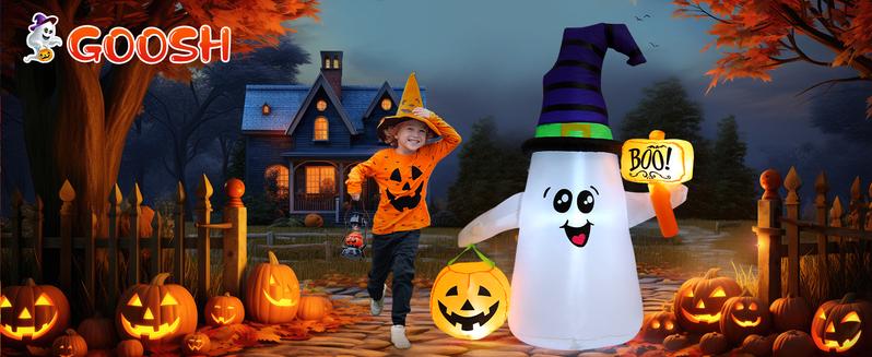 GOOSH 5 FT Outdoor Halloween Decor Inflatables Ghost with Built-in LEDs and Cute Pumpkin Fast Inflation Certified Safety Waterproof Polyester Ornaments