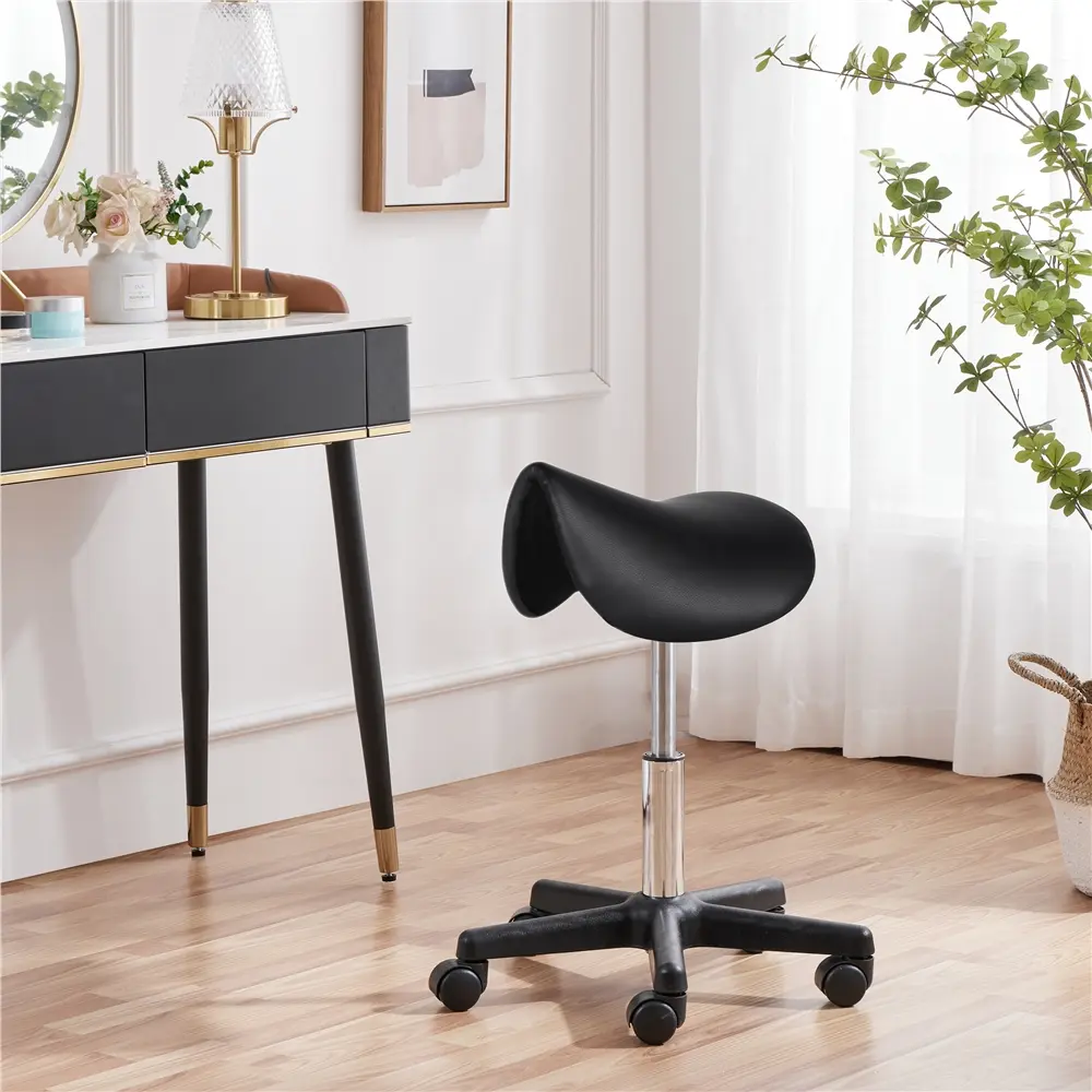 Yaheetech Adjustable PU Leather Rolling Saddle Hairdressing Chair with Wheels, 360-Degree Swivel, Height Adjustment, Barbers Salon Equipment for Makeup Artists, Schools