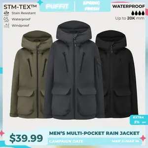 PUFFIT STM-TEX Men’s Multi-Pocket Raincoat,Offering Waterproof,Stain-resistant,Windproof Properties,With 20,000mm Water Column For High Waterproof Performance,Shell Jacket,Spring Jacket,Windbreaker,Dog Walking,School Running,Football Mum