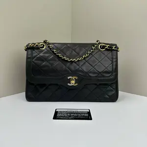 Pre-owned CHANEL Calfskin Shoulder Bags Vintage Double Flap Medium Chain Quilted Black LNL0313