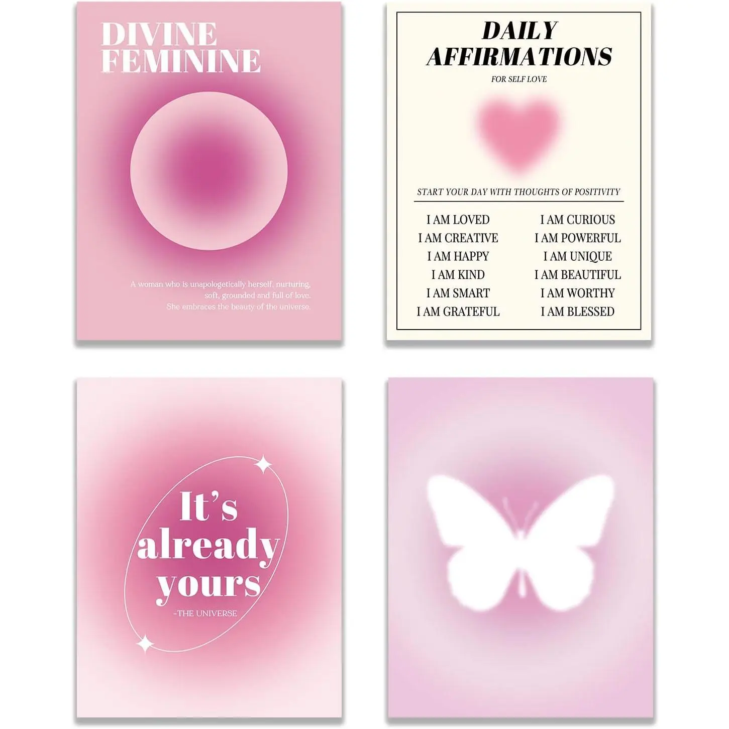 KEUSPI Y2K Room Decor Pink Wall Dcor Pink Wall art Poster Daily Affirmations Heart Divine Feminine Pink Aura Energy Gradient Y2K Minimalist Wall Art Poster Prints for Bedroom Dorm Decor, Unframed 8x10 Set of 4