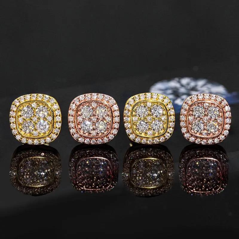 HELLOICE Moissanite Stud Earrings Square Cluster Halo 10mm Synthetic Moissanite S925 Earrings Jewerly Gift