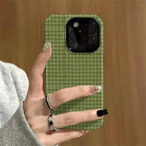 Fresh and simple style, green striped design, checkered pattern phone case, suitable for iPhone 11, 12, 13, 14, 15, 16, 17 Pro Max and Samsung Galaxy S25 Ultra, S24 Plus, S23 FE, S22, S21. New 2-in-1 shockproof design.