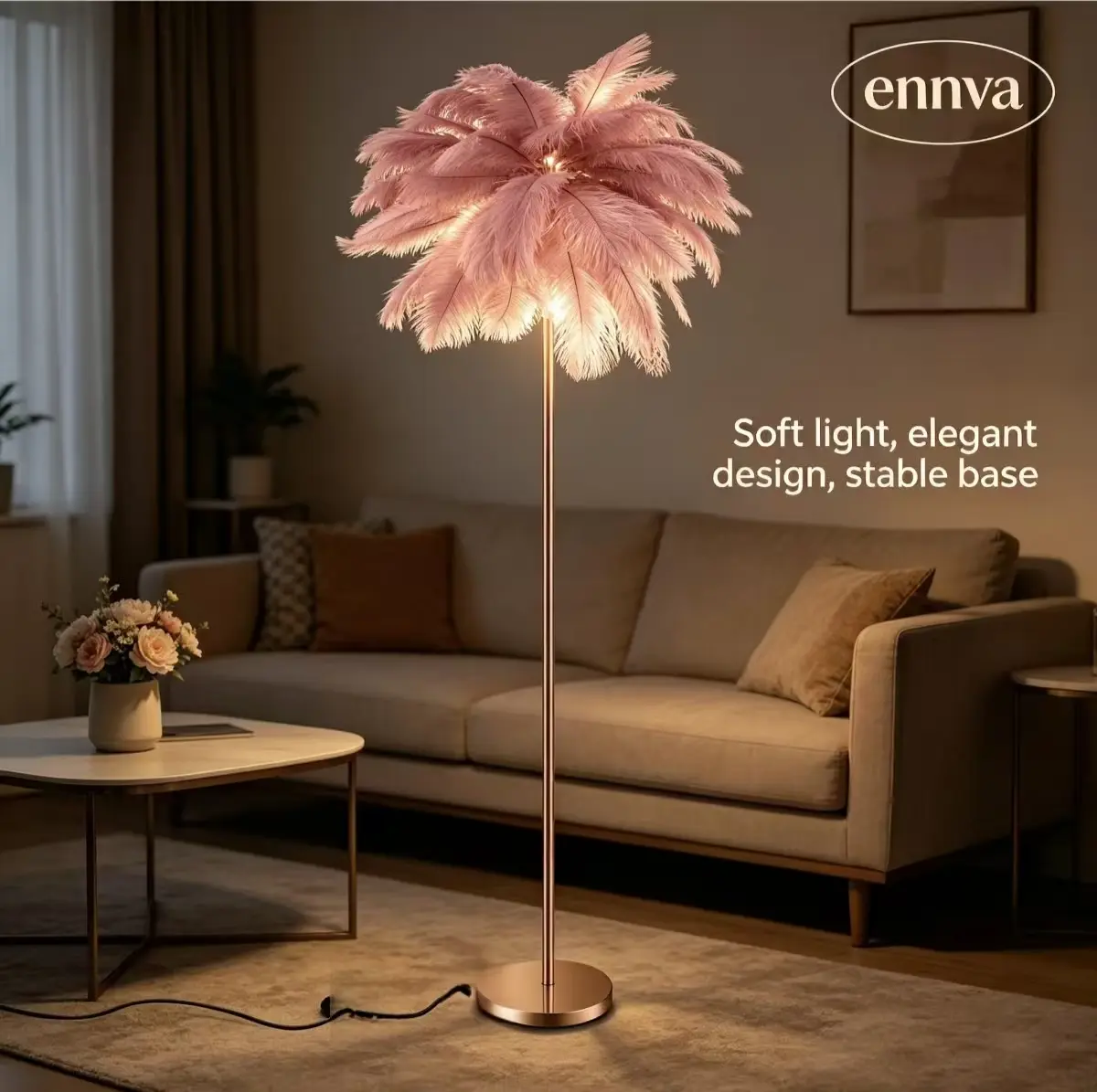 home essentials Ennva Blush Pink Fluffy Ostrich Feather Floor Lamp - Rose Gold Curved Tall Standing Lamp with 3 Color Temperatures, Dimmable Bright LED Bulb, Modern Stylish Indoor Light for Living Room, Bedroom Aesthetic Decor socket adjustable night home