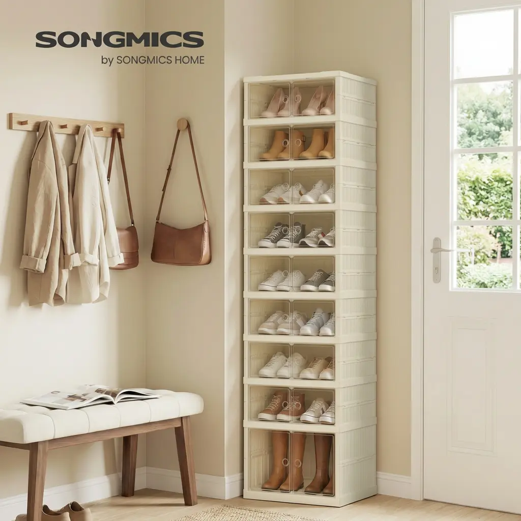 SONGMICS Foldble Shoe Storage Organizer for Closet, Stackable Sneaker Cabinet with Magnetic Door, Large Plastic Container Bins for Living Room, Entryway