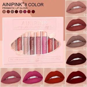 AINIPINK 8PCS Matte Lip Gloss Long-Lasting Waterproof Non-Stick Cruelty-Free High-Pigment Smudge-Proof All-Day Wear Lipstick Makeup Glossy Cosmetic liquid set doll beauty by soleon