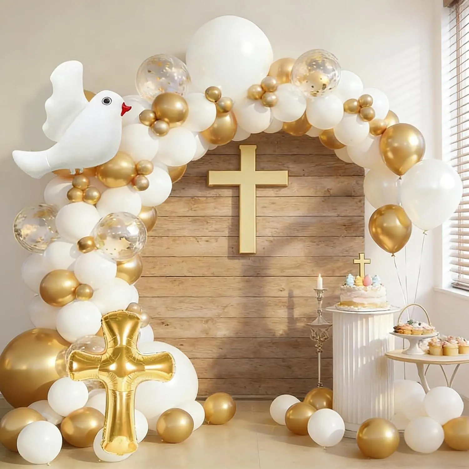 First Holy Communion And Baptism Balloon Arch Kit-White Gold Cross Dove Confetti Balloons For Christening Party Primera Comunion Baptism Decorations,God Bless