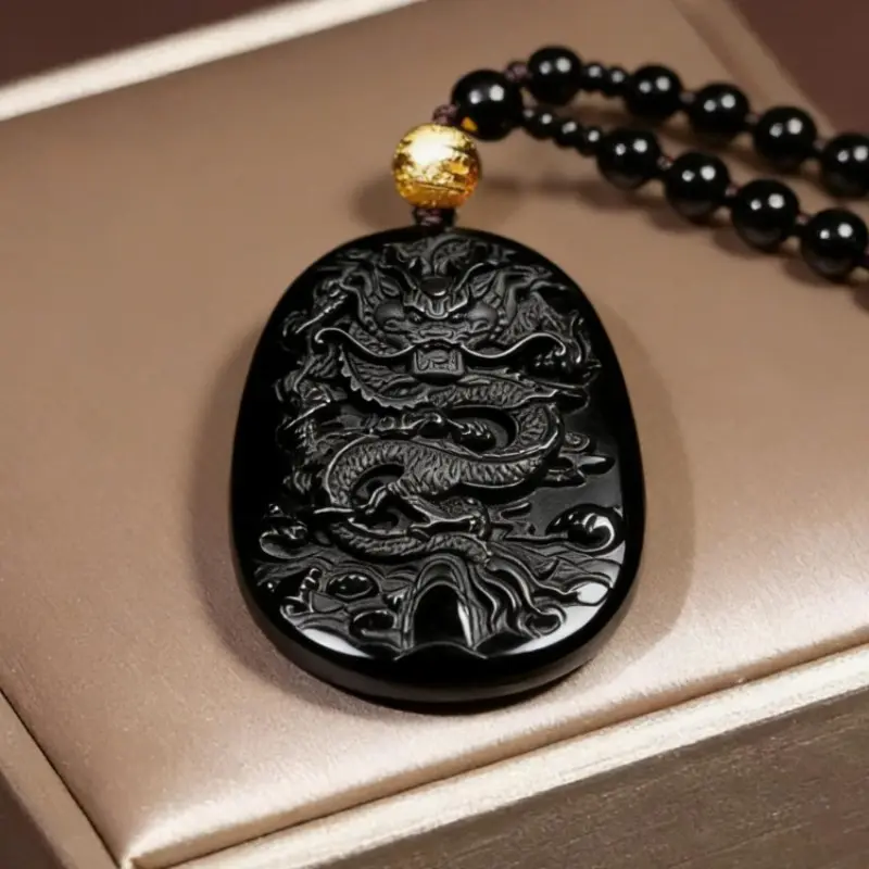 Obsidian Dragon Necklace Lucky Amulet Protection Obsidian Stone Pendant with Beaded Chain, Spiritual Jewelry Gift for Men and Women, Daily Wear Necklace Pendants Necklaces
