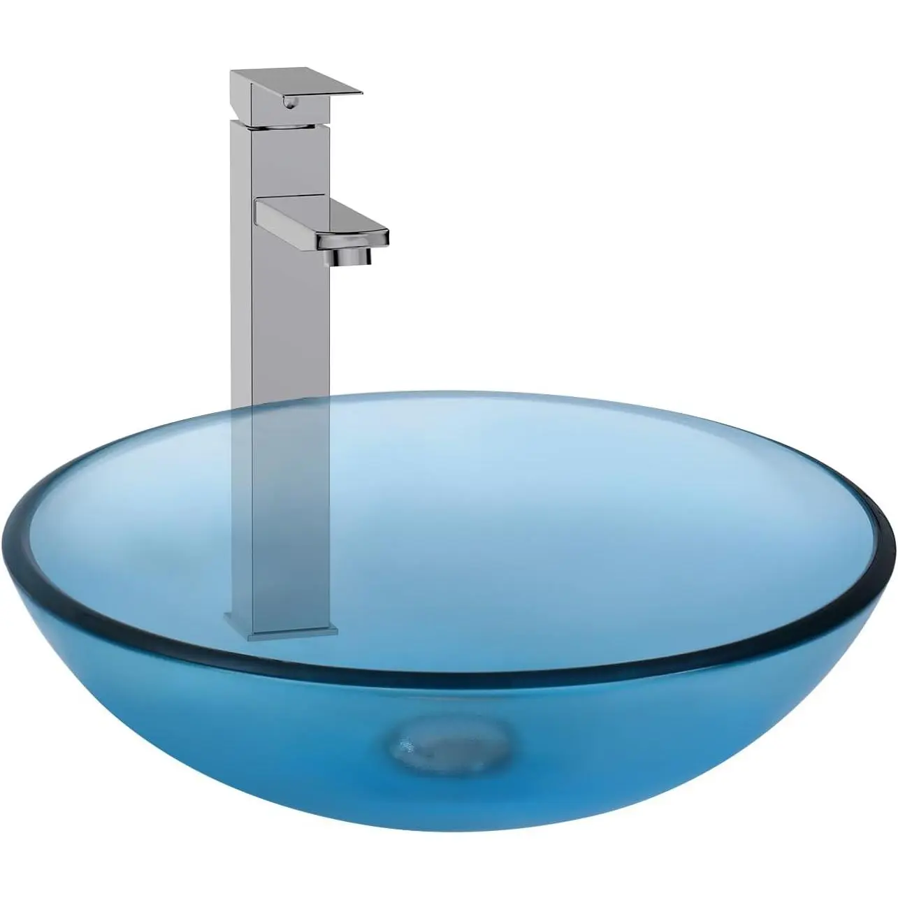 Durable Above-Counter Bathroom Vessel Sink Set - 16.5'' W x 5.5'' D Tempered Glass Round Bowl, Chrome Faucet, Synthetic Pop-Up Drain, Cold & Hot Water Lines, Blue-1, Fits Every Style, Manufacturer Warranty