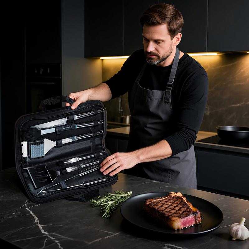 ThermoPro 6-Piece BBQ Tool Set | Heavy-Duty Grilling Kit for Home & Outdoor Cooking Stainless Steel Grilling Utensil Set Cast Iron Burger Press