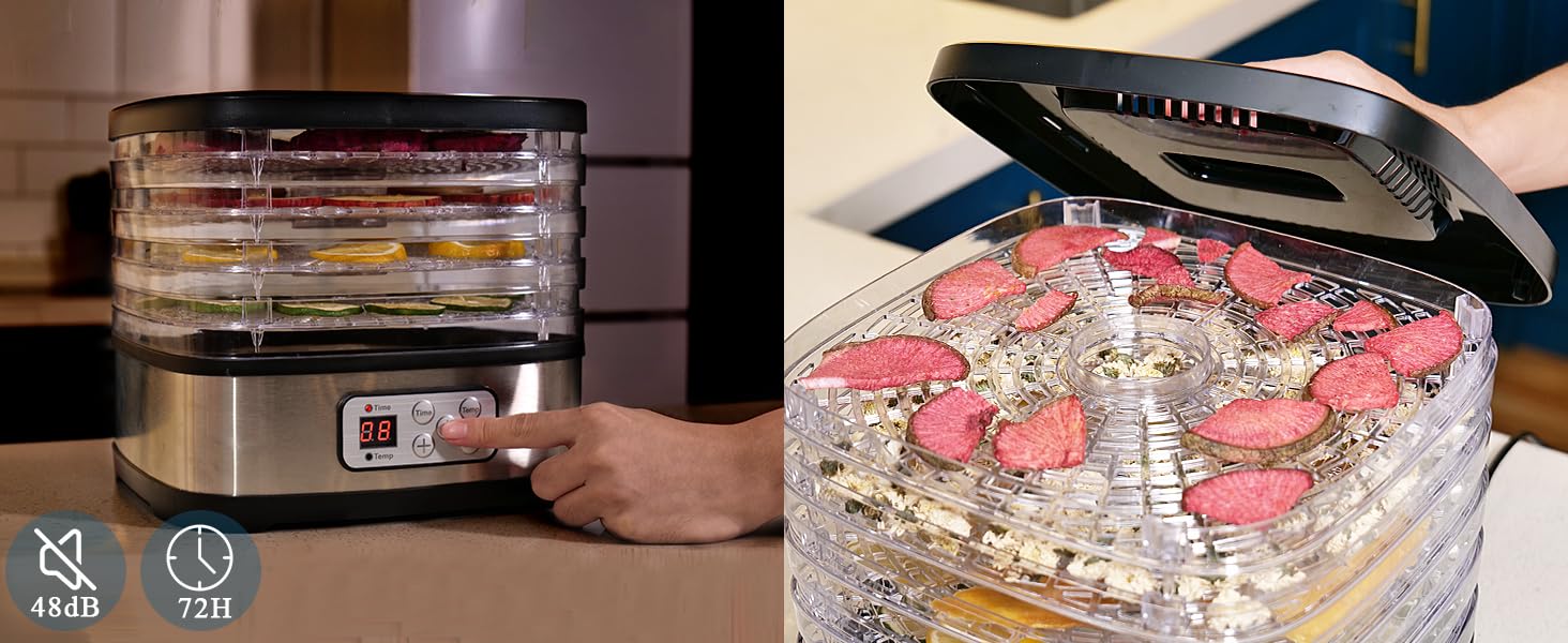 OSTBA Food Dehydrator Machine Adjustable Temperature & 72H Timer, 5-Tray Dehydrators for Food and Jerky, Fruit, Dog Treats, Herbs, Snacks, LED Display, 240W Electric Food Dryer, Recipe Book Appliances,low power consumption